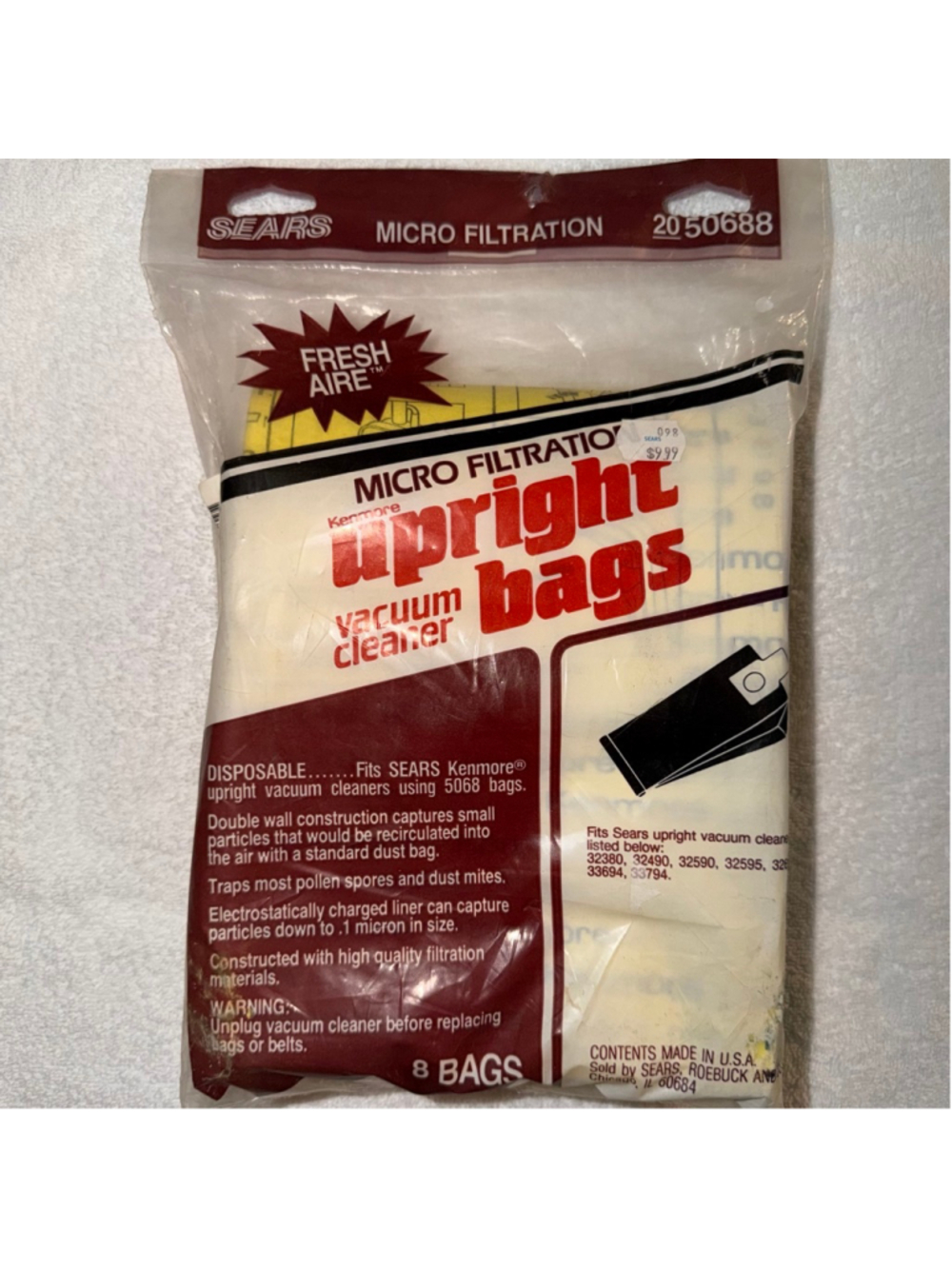 NOS Vintage Sears Micro Filtration Kenmore Upright Vacuum Cleaner Bags Pk/8 Bags